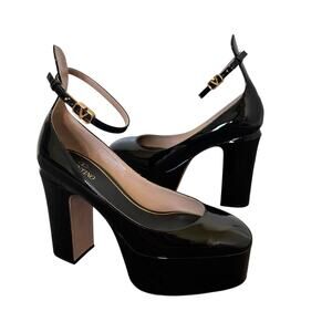 Valentino Garavani Tan Go Platform Pump Black Patent Leather High Heel Size 37.5